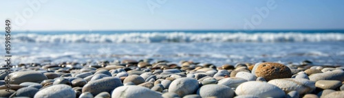 A rocky beach with a small rock in the foreground
