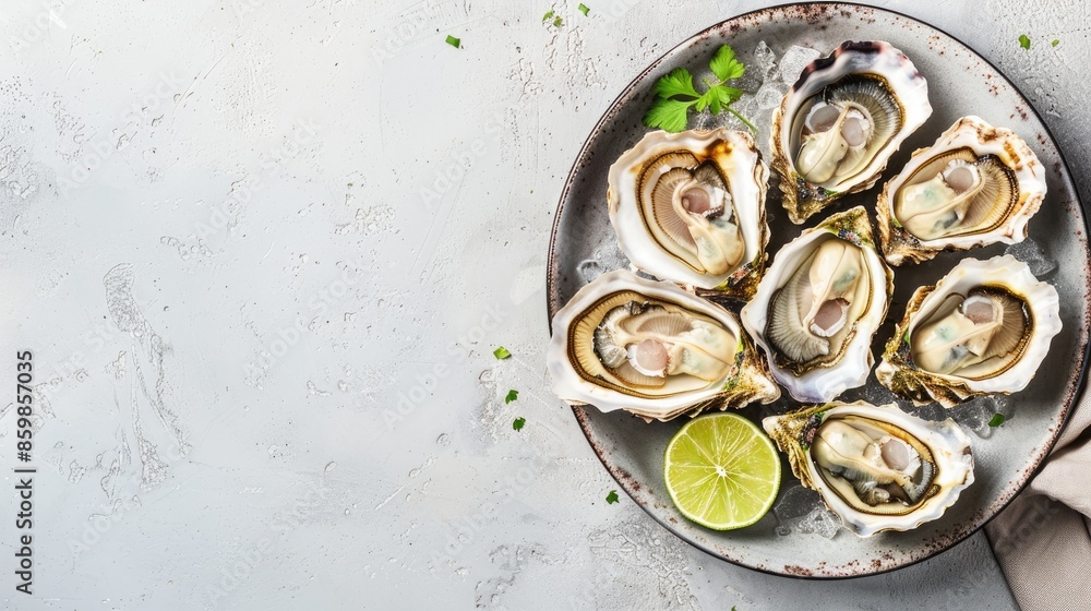 Fresh oysters served with lime on round plate in half shell flat lay top view with space for text Fresh oysters served with lime on round plate in half shell flat lay top view with space for text