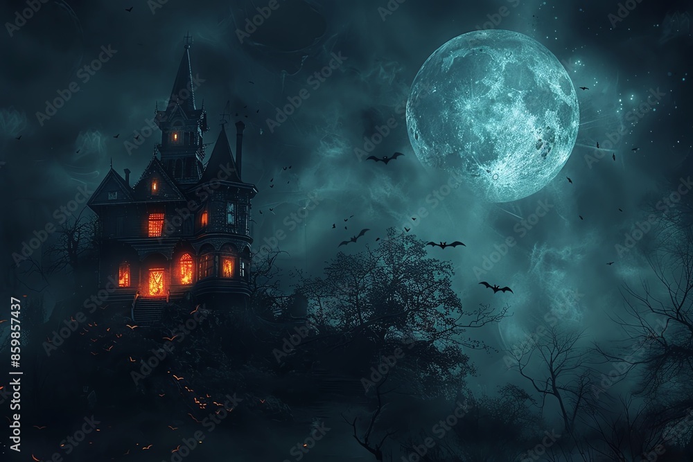 A dark Halloween wallpaper with a sinister haunted house, bats flying, and a full moon casting eerie shadows A dark Halloween wallpaper with a sinister haunted house, bats flying, and a full moon casting eerie shadows