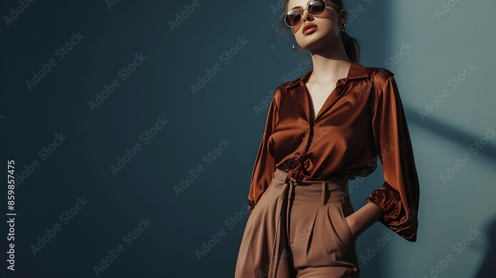 Naklejka premium Portrait of a stylish fashion model girl posing in a designer brown blouse and wide leg pants Gray background Stylish sunglasses Haute couture collection : Generative AI