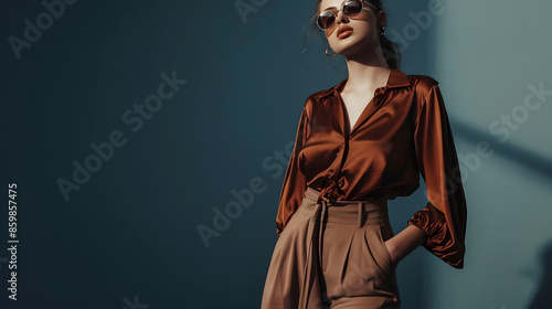 Portrait of a stylish fashion model girl posing in a designer brown blouse and wide leg pants Gray background Stylish sunglasses Haute couture collection : Generative AI