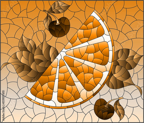 An illustration in the style of a stained glass window with a slice of orange, cherries and leaves, tone brown