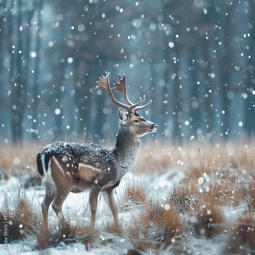 A tranquil winter wallpaper with a lone deer standing in a snowy meadow, under a softly falling snow A tranquil winter wallpaper with a lone deer standing in a snowy meadow, under a softly falling snow