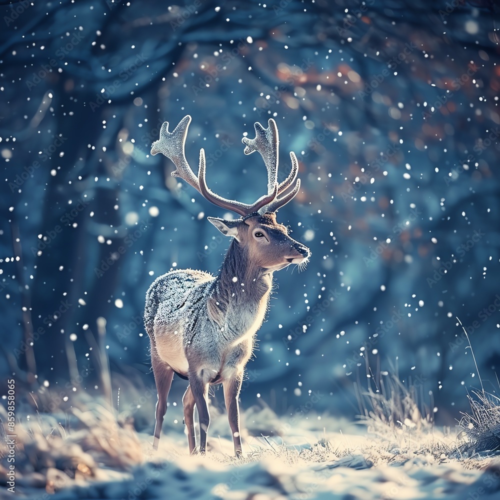 A tranquil winter wallpaper with a lone deer standing in a snowy meadow, under a softly falling snow A tranquil winter wallpaper with a lone deer standing in a snowy meadow, under a softly falling snow
