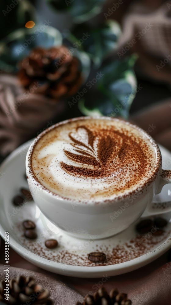 A cup of aromatic coffee with milk foam, decorated with cocoa powder in the shape of a leaf. A cup of aromatic coffee with milk foam, decorated with cocoa powder in the shape of a leaf.
