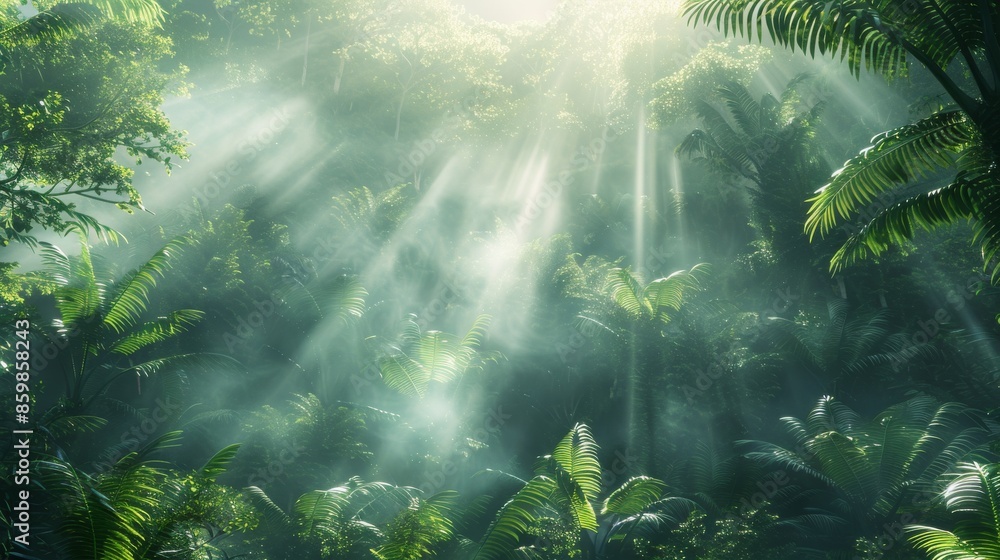 Obraz premium A tranquil scene of a misty rainforest illuminated by the gentle rays of the sun, creating a dreamy, ethereal ambiance. Generative AI