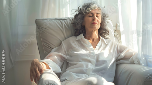 Portrait of beautiful mid aged woman relaxing in an armchair by the window Attractive female wearing shirt and pants Full length shot : Generative AI photo