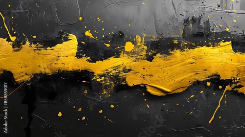 Abstract art with a bold yellow paint brush stroke across a black textured surface, creating a striking visual contrast.