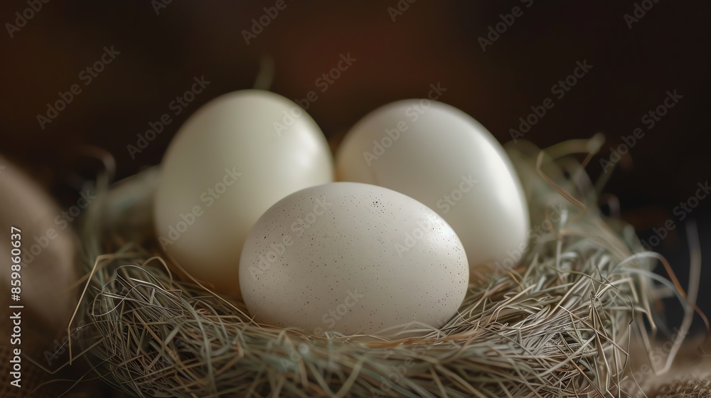 White eggs in a nest of dried grass. White eggs in a nest of dried grass.