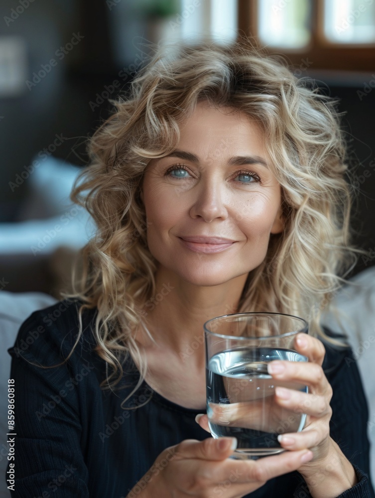 Elegant mature lady sips refreshing water with a serene expression, embracing a healthy morning ritual and promoting wellness through hydration. Elegant mature lady sips refreshing water with a serene expression, embracing a healthy morning ritual and promoting wellness through hydration.