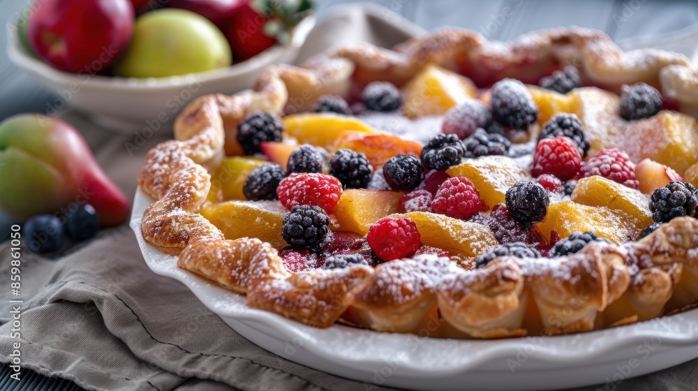 Assorted fruit pie with vibrant berry and fruit chunks on flaky pastry, lightly dusted with powdered sugar. Assorted fruit pie with vibrant berry and fruit chunks on flaky pastry, lightly dusted with powdered sugar.