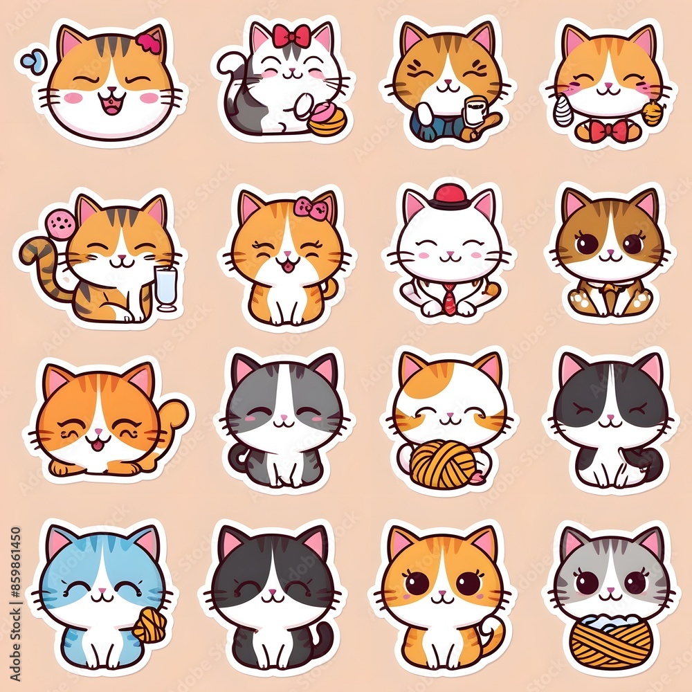 Fototapeta premium Adorable 3D Cat Stickers Cute and Playful Characters for Digital Fun