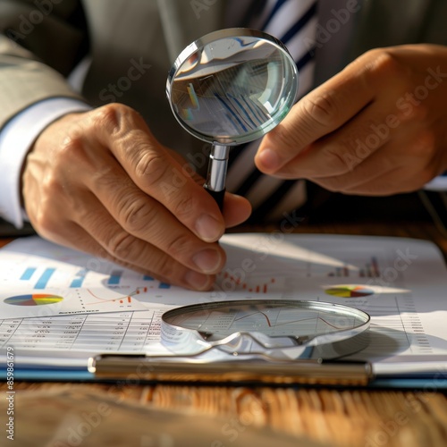 A businessman analyzing financial data with a magnify