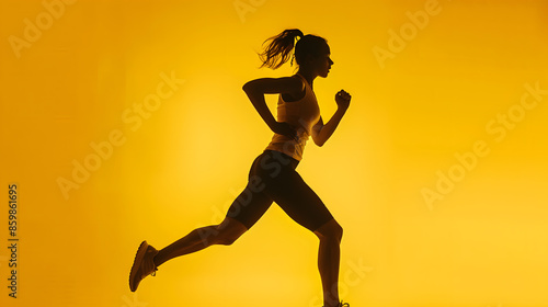 Sporty woman runner in silhouette on yellow background Photo of attractive woman in fashionable sportswear Dynamic movement Side view Sport and healthy lifestyle : Generative AI photo