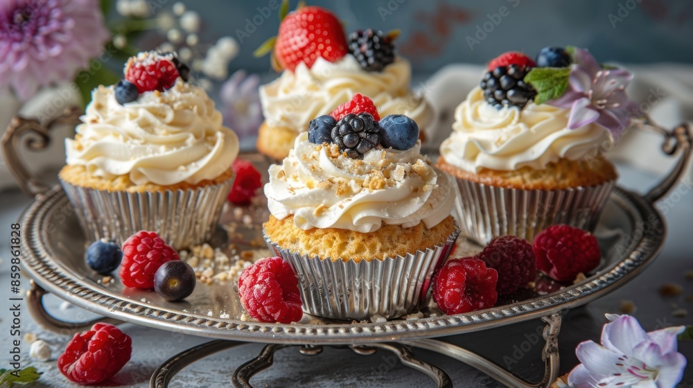 Baked cupcakes with airy cream, adorned with berries and almond crumbs. Baked cupcakes with airy cream, adorned with berries and almond crumbs.