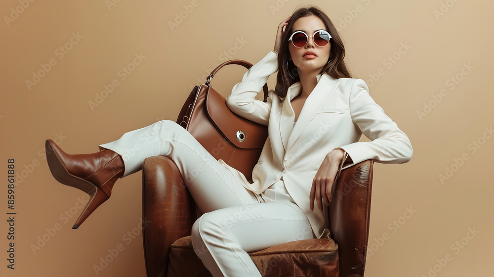 Fashionable confident woman wearing elegant white suit sunglasses ankle boots holding classic brown leather bag sitting in armchair posing on beige background Fulllength studio fashion : Generative AI Fashionable confident woman wearing elegant white suit sunglasses ankle boots holding classic brown leather bag sitting in armchair posing on beige background Fulllength studio fashion : Generative AI