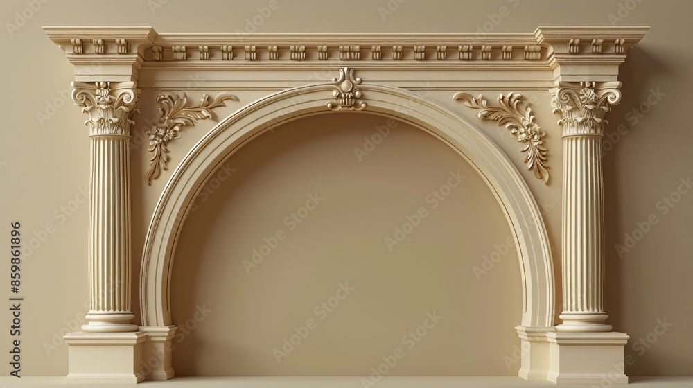 Fototapeta premium Gilded innovative arch embellished metal fundamental 3d component concept lifelike artwork. Curved pillar gateway geometric structure exhibit display marketing building base.