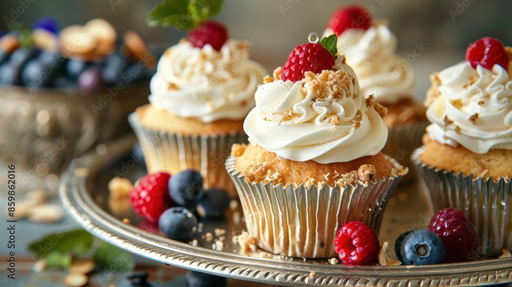 Baked cupcakes with airy cream, adorned with berries and almond crumbs. Baked cupcakes with airy cream, adorned with berries and almond crumbs.