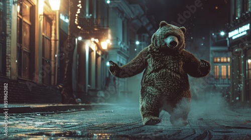 A moonwalking bear in an urban street setting impressively performing the dance move under a streetlight at night photo