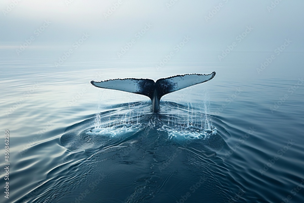 Fototapeta premium Humpback whale flapping its fin on a serene and smooth ocean in a California bay.