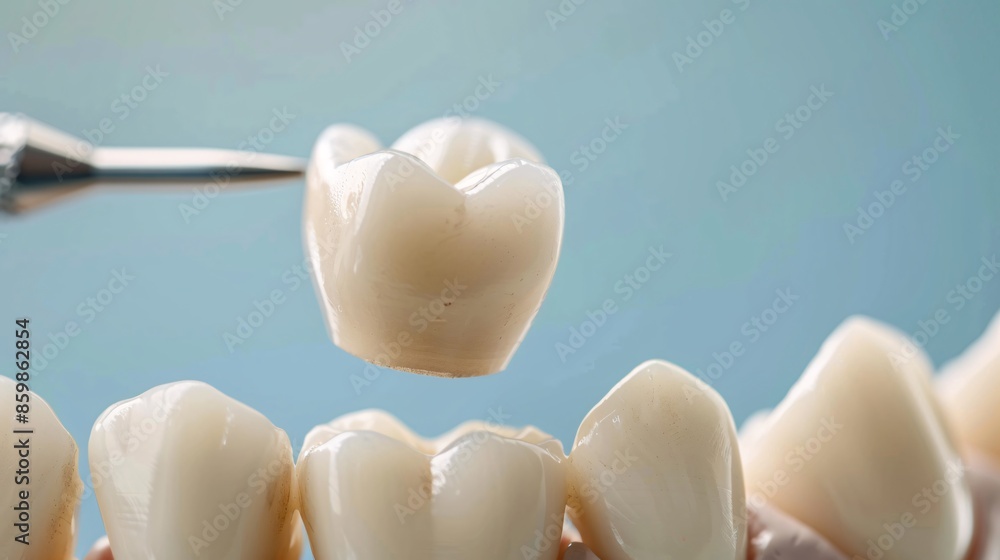 Isolated 3D illustration of a dental crown installed on teeth on a white background.
Isolated 3D illustration of a dental crown installed on teeth on a white background.