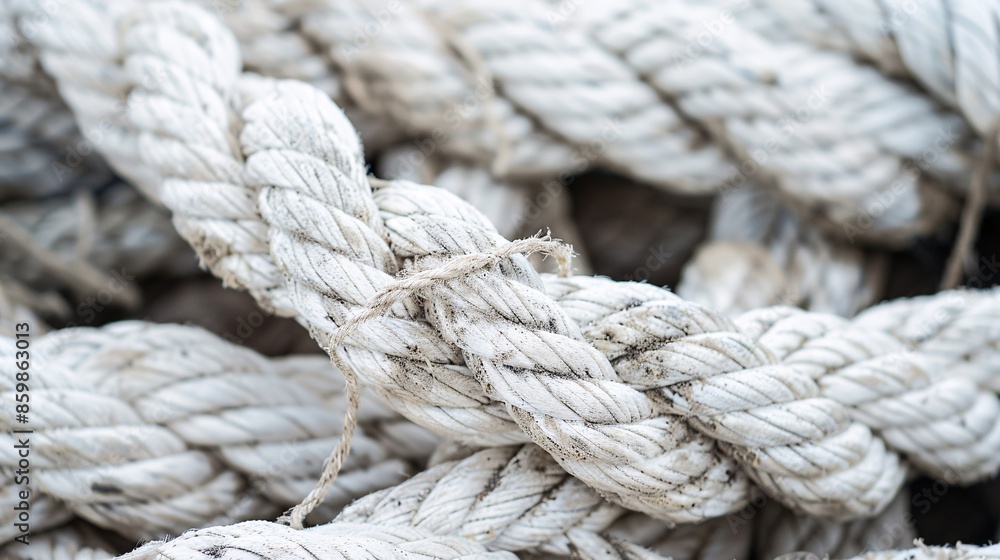 Weathered maritime ropes in harbor. Tattered boat cordage. Large dirty shabby ivory ropes backdrop. Selective focus of cords. Detailed dirt pattern on old ropes. Weathered maritime ropes in harbor. Tattered boat cordage. Large dirty shabby ivory ropes backdrop. Selective focus of cords. Detailed dirt pattern on old ropes.