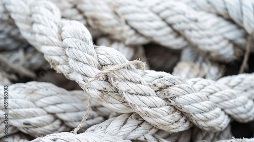 Weathered maritime ropes in harbor. Tattered boat cordage. Large dirty shabby ivory ropes backdrop. Selective focus of cords. Detailed dirt pattern on old ropes.