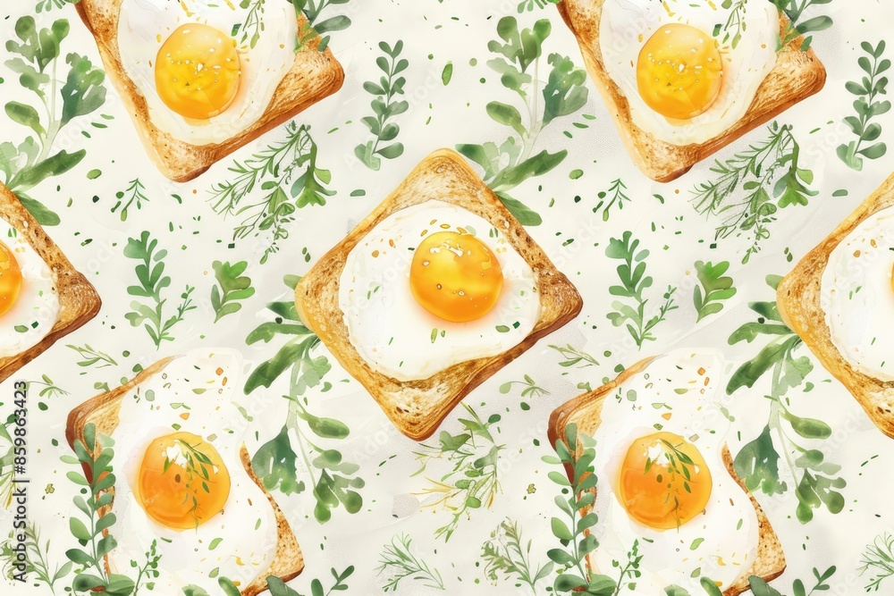 pattern of watercolor fried eggs on toast with herbs. Decorative breakfast design perfect for kitchen textiles and wallpaper. pattern of watercolor fried eggs on toast with herbs. Decorative breakfast design perfect for kitchen textiles and wallpaper.