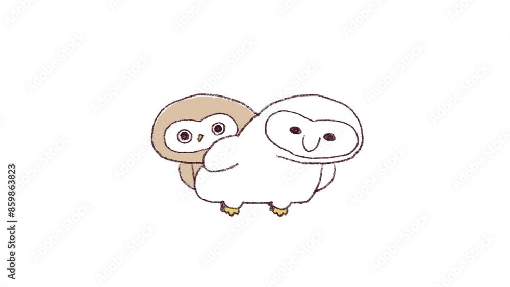 手描きイラスト、フクロウとメンフクロウのダンスアニメーション 手描きイラスト、フクロウとメンフクロウのダンスアニメーション