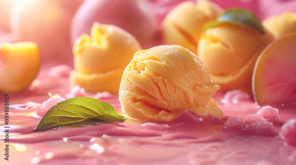 Close-up of a scoop of vanilla ice cream melting on a pink surface with a green leaf. Close-up of a scoop of vanilla ice cream melting on a pink surface with a green leaf.