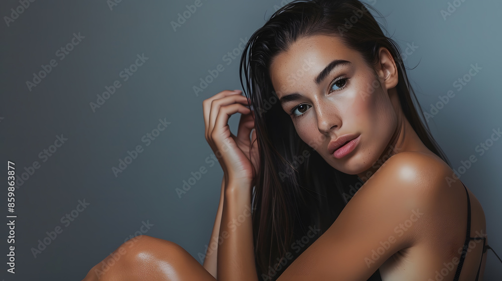 Fototapeta premium attractive fashionable woman looking at camera while sitting on floor on grey background : Generative AI