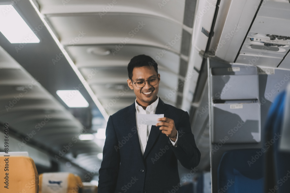 Handsome Asian male passenger takes his carry-on luggage out of the overhead locker after landing at his destination. transportation concept Handsome Asian male passenger takes his carry-on luggage out of the overhead locker after landing at his destination. transportation concept