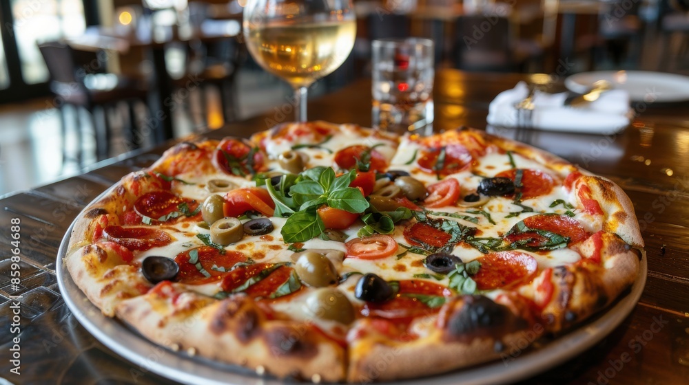 Pizza with thin crispy crust, generously topped with mozzarella, pepperoni, olives, and fresh tomatoes, placed on the edge of a table in a restaurant setting. Pizza with thin crispy crust, generously topped with mozzarella, pepperoni, olives, and fresh tomatoes, placed on the edge of a table in a restaurant setting.