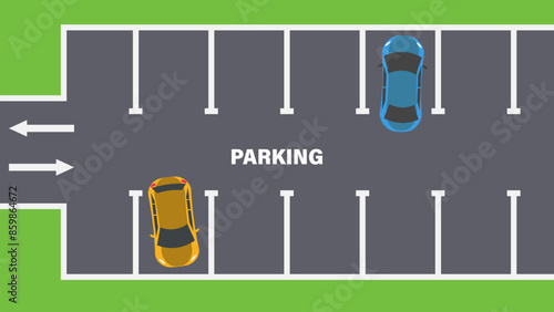 Top view of a city parking lot with a set of different cars.