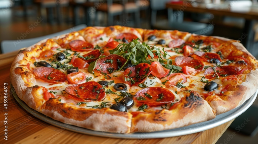 Pizza with thin crispy crust, generously topped with mozzarella, pepperoni, olives, and fresh tomatoes, placed on the edge of a table in a restaurant setting. Pizza with thin crispy crust, generously topped with mozzarella, pepperoni, olives, and fresh tomatoes, placed on the edge of a table in a restaurant setting.