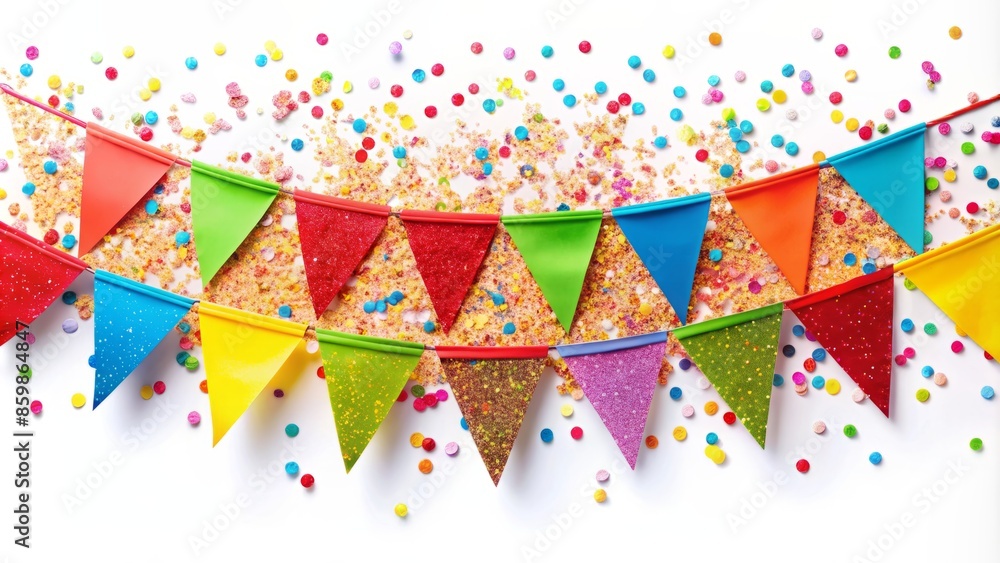 Obraz premium Vibrant colorful happy birthday flags banner adorned with confetti pieces scattered across a clean white background, conveying joy and celebratory atmosphere.