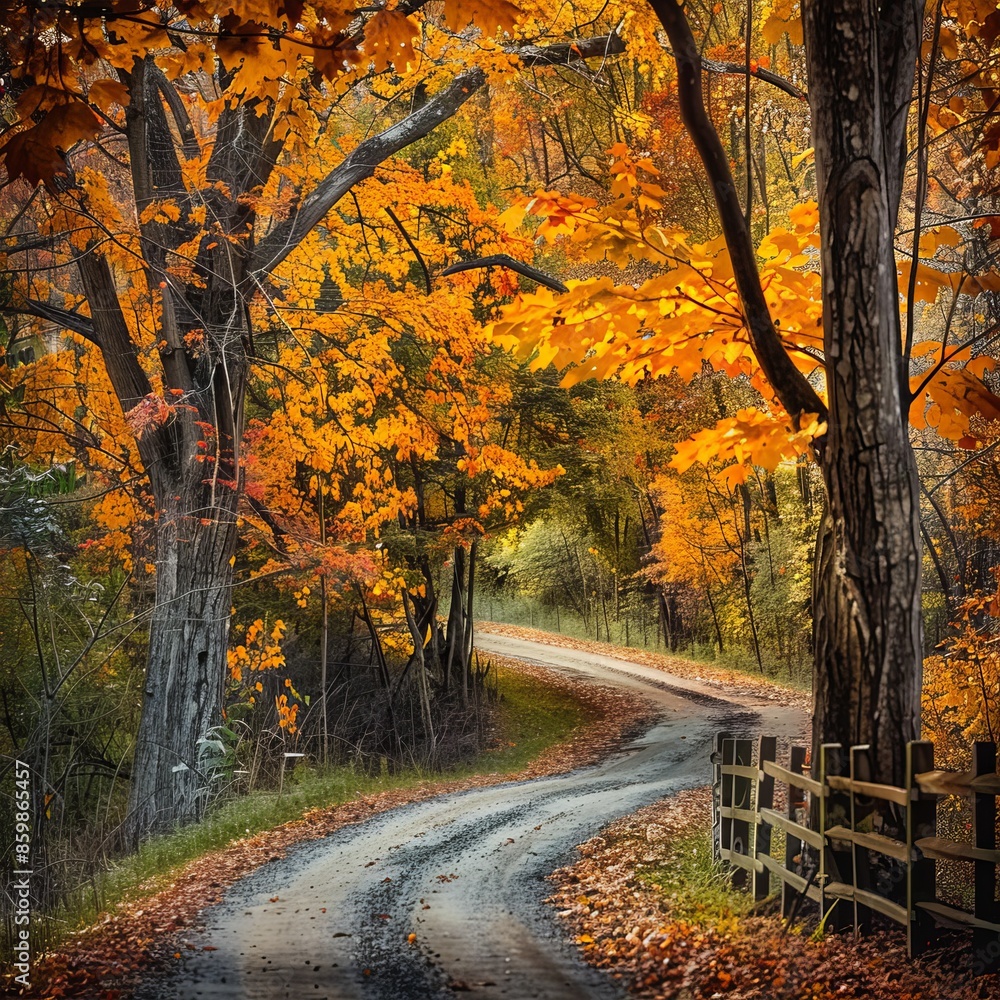 Fototapeta premium Dirt Road Lined With Yellow Fall Trees