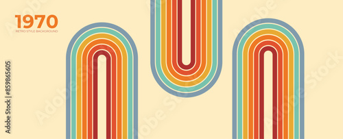 Abstract retro 70s background vector. Colorful vintage 1970 stylish wallpaper with lines, stripes, curve, circle shapes. Illustration design suitable for poster, banner, decorative, wall art