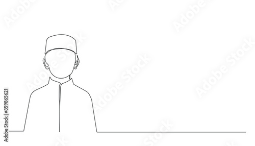 continuous line of islamic boy.drawing of one line of muslim boy.one single vector portrait of boy with cap and koko shirt