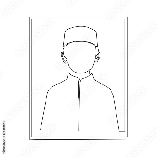 continuous line of islamic boy in frame.drawing one line portrait of muslim boy.one single vector portrait of boy with cap and koko shirt