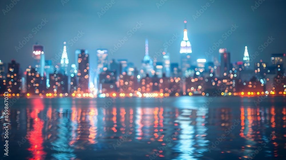 Blurry Night Skyline of Illuminated Big City Reflecting on Water Surface