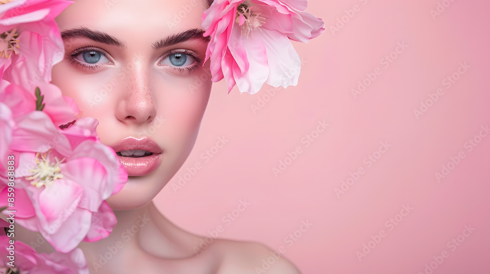 Cute woman with big pink flowers studio portrait Perfect body pink makeup on a woman face : Generative AI Cute woman with big pink flowers studio portrait Perfect body pink makeup on a woman face : Generative AI