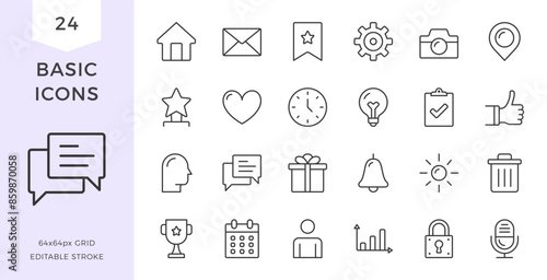 Basic flat line icons set - house, email, calendar, chat and other icons. Pixel perfect, editable stroke, vector eps10 illustration