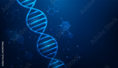 dna genetic biotechnology technology on blue background. chromosome structure science wallpaper. nano code structure. vector illustration low poly wireframe.