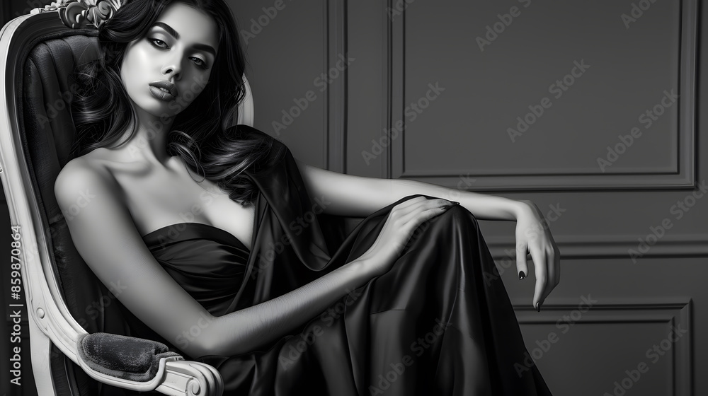 Blackandwhite portrait of a stunning fashionable model sitting in a chair in Art Nouveau style Business elegant businesswoman Interior furniture : Generative AI Blackandwhite portrait of a stunning fashionable model sitting in a chair in Art Nouveau style Business elegant businesswoman Interior furniture : Generative AI
