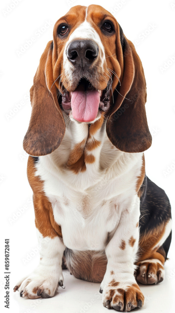 A friendly brown and white dog with a tongue sticking out sitting in studio A friendly brown and white dog with a tongue sticking out sitting in studio