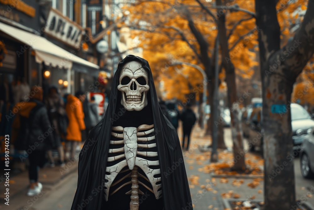 Spooky Skeleton Costume on Urban Autumn Street, Halloween Horror Costume Concept Spooky Skeleton Costume on Urban Autumn Street, Halloween Horror Costume Concept