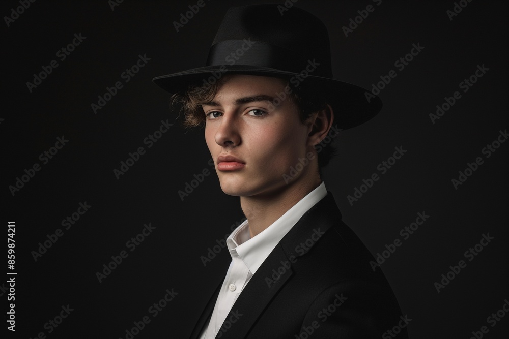 Elegant Young Man in Classic Black Fedora and Suit on Dark Background Elegant Young Man in Classic Black Fedora and Suit on Dark Background