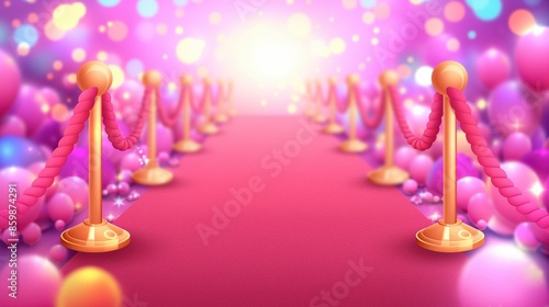 Cartoon 3d illustration of red carpet with golden stayers and ropes on both sides. photo