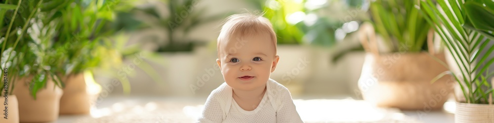 A baby is sitting on a rug and smiling, well lit cozy indoor background, wide panoramic banner with copy space. A baby is sitting on a rug and smiling, well lit cozy indoor background, wide panoramic banner with copy space.